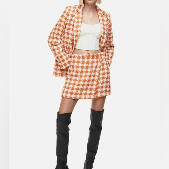 H&M Set Hounstooth Blazer S + Faux Wrap Mini Skirt 14 Orang/white Patterned Nwt - Picture 8 of 10